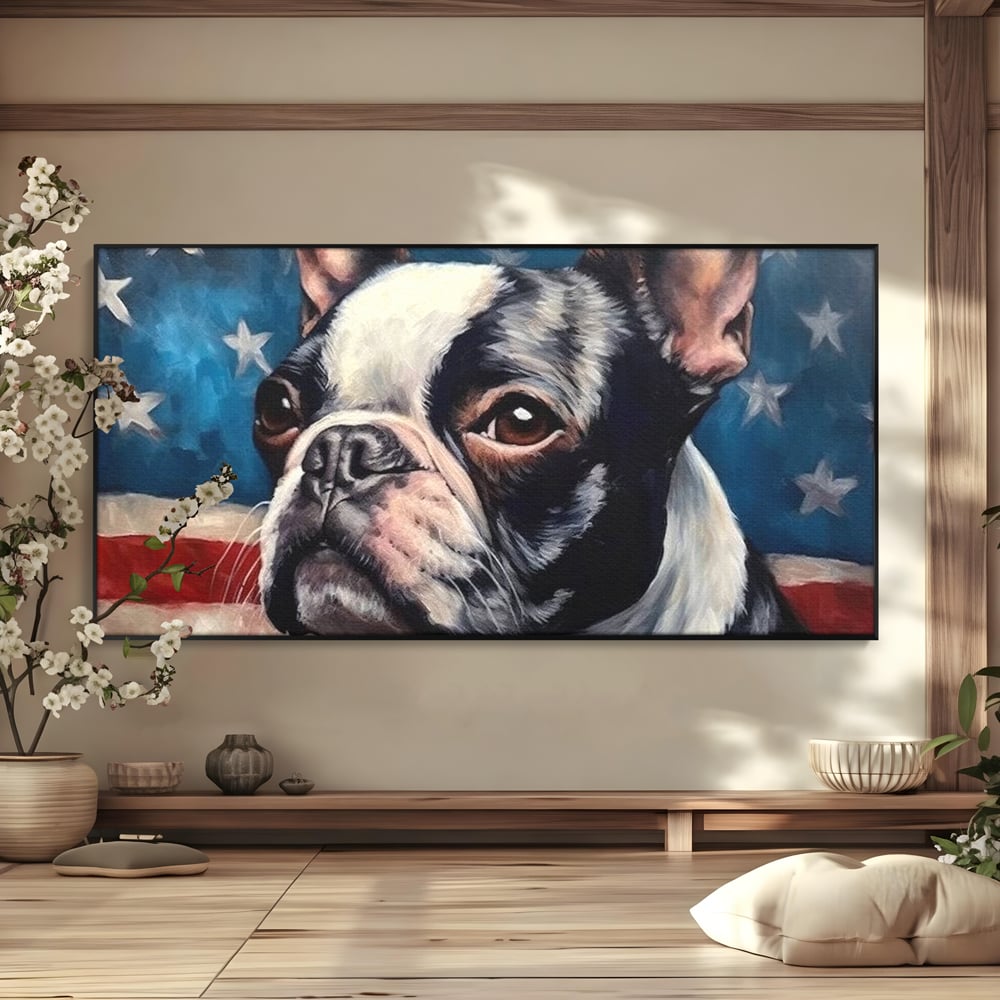 Tablou canvas cu tablou pictura caine boston terrier, in rama de aluminiu negru